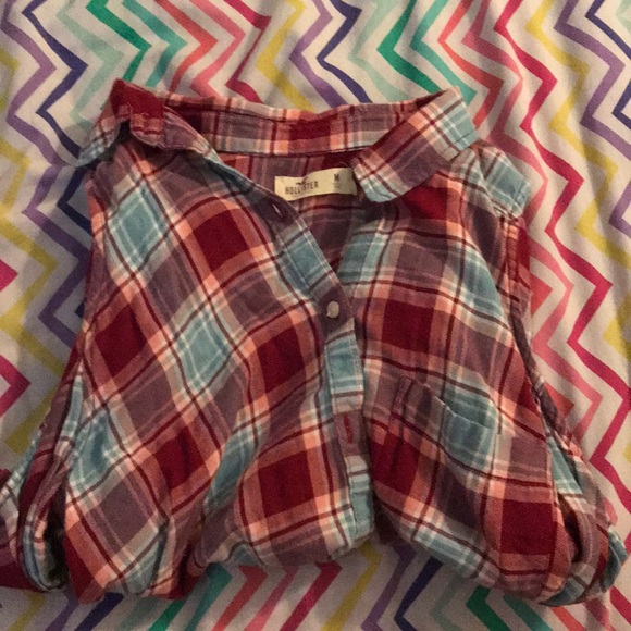 Hollister Tops - Red and blue good condition cold shoulder flannel.